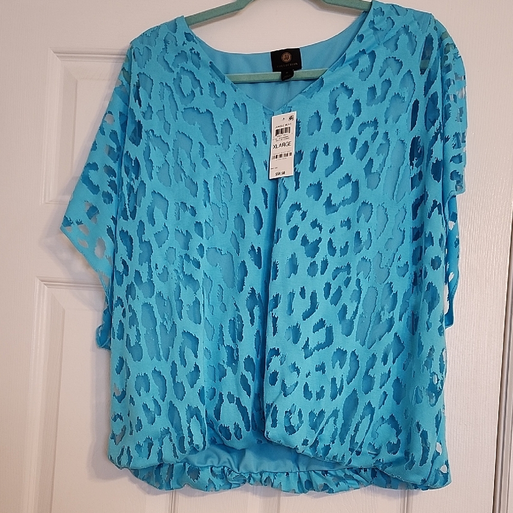 JM Collection Blue Leopard Print Blouse